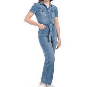 Avec Les Filles Women's Blue Jean Denim Jumpsuit Size 30 Belted Stretch Pockets